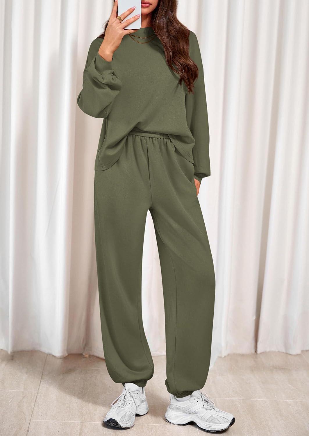 imagePRETTYGARDEN Womens Two Piece Lounge Sets 2025 Fall Airport Outfits Long Sleeve Pullover Tops Sweatpants Matching ClothingArmy Green