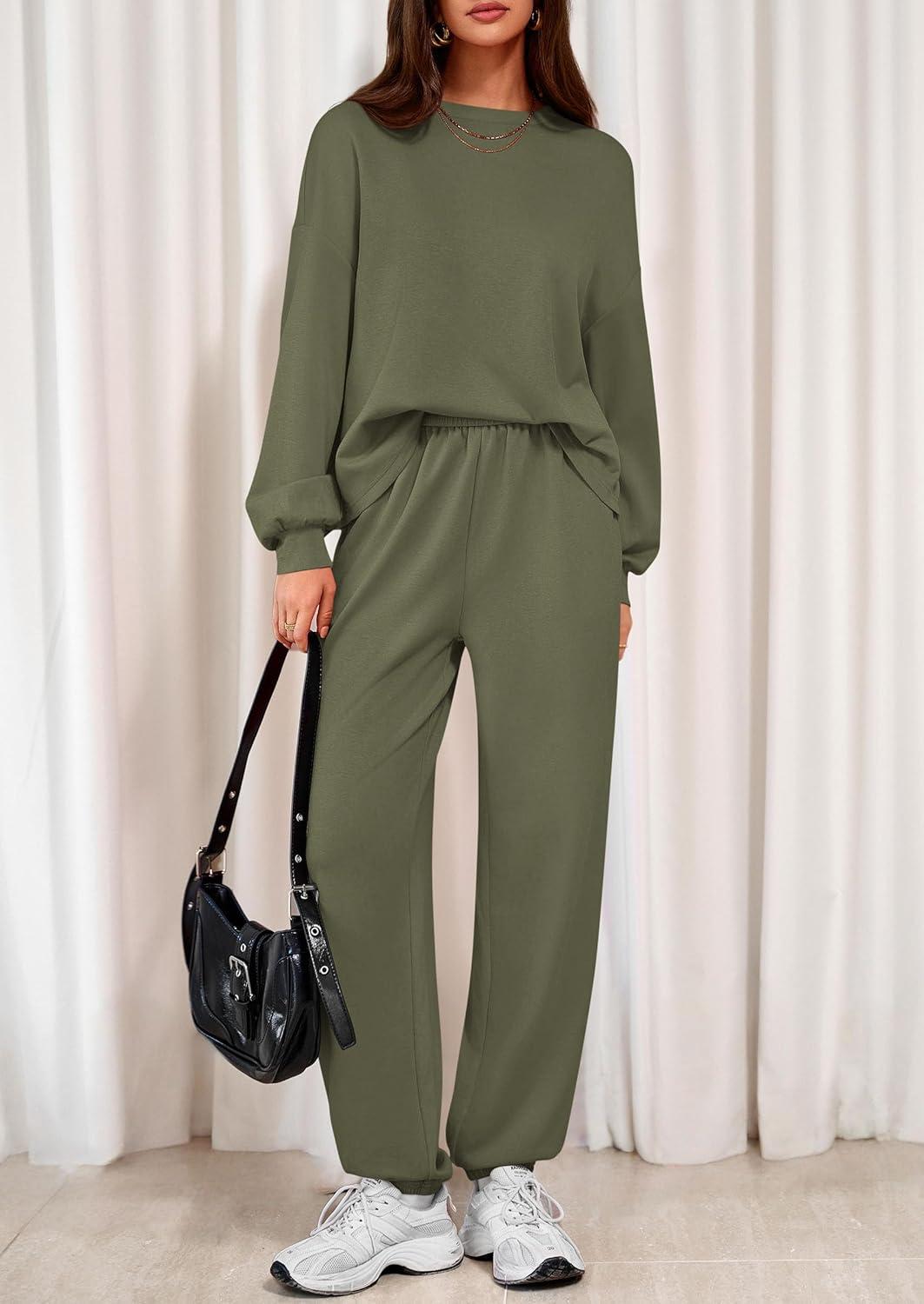 imagePRETTYGARDEN Womens Two Piece Lounge Sets 2025 Fall Airport Outfits Long Sleeve Pullover Tops Sweatpants Matching ClothingArmy Green
