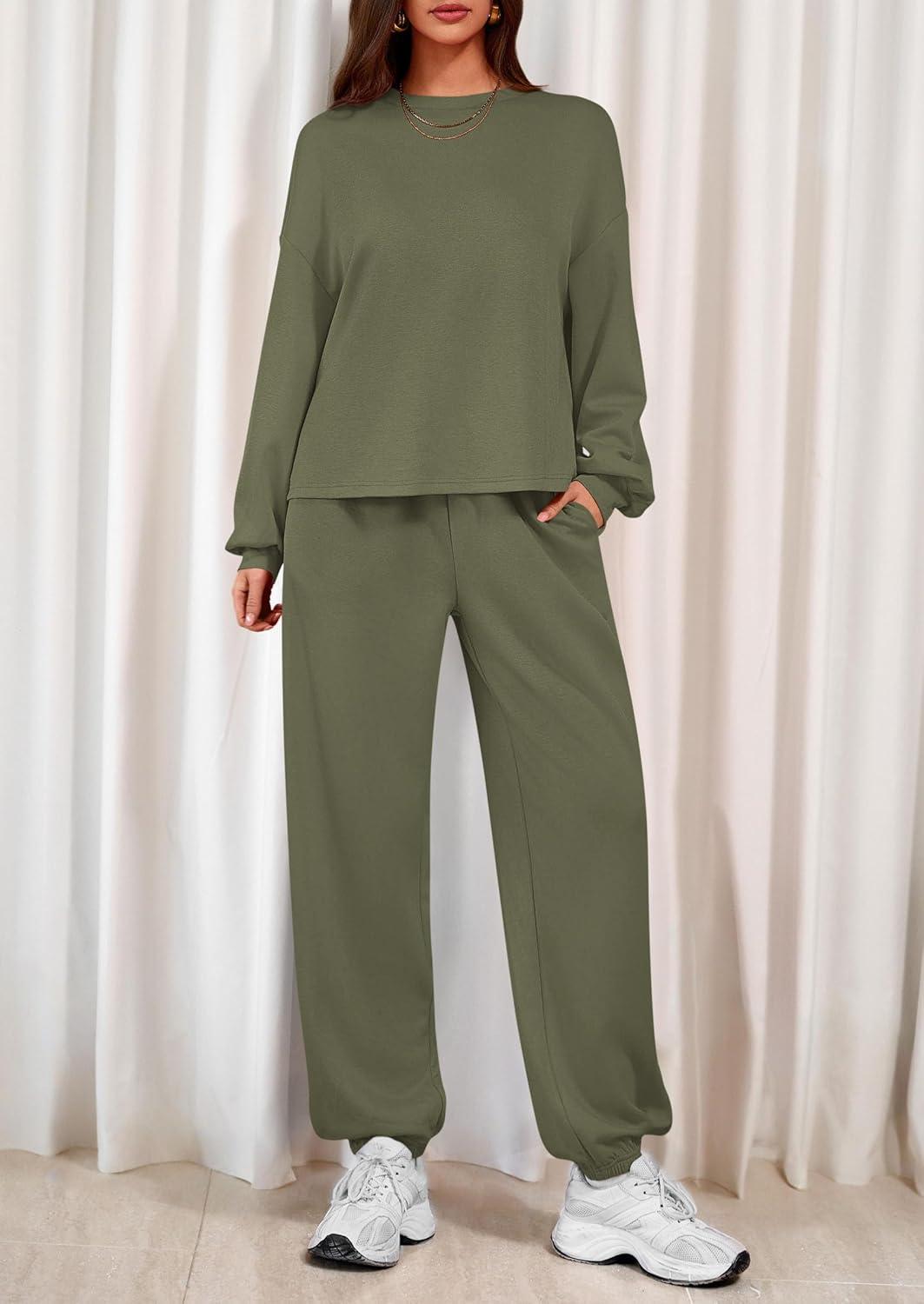 imagePRETTYGARDEN Womens Two Piece Lounge Sets 2025 Fall Airport Outfits Long Sleeve Pullover Tops Sweatpants Matching ClothingArmy Green