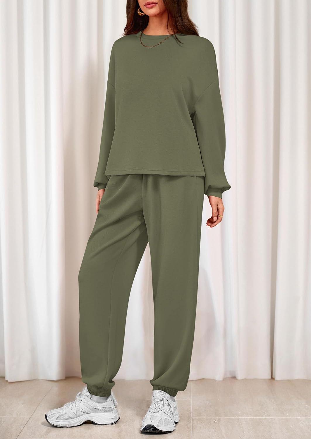 imagePRETTYGARDEN Womens Two Piece Lounge Sets 2025 Fall Airport Outfits Long Sleeve Pullover Tops Sweatpants Matching ClothingArmy Green