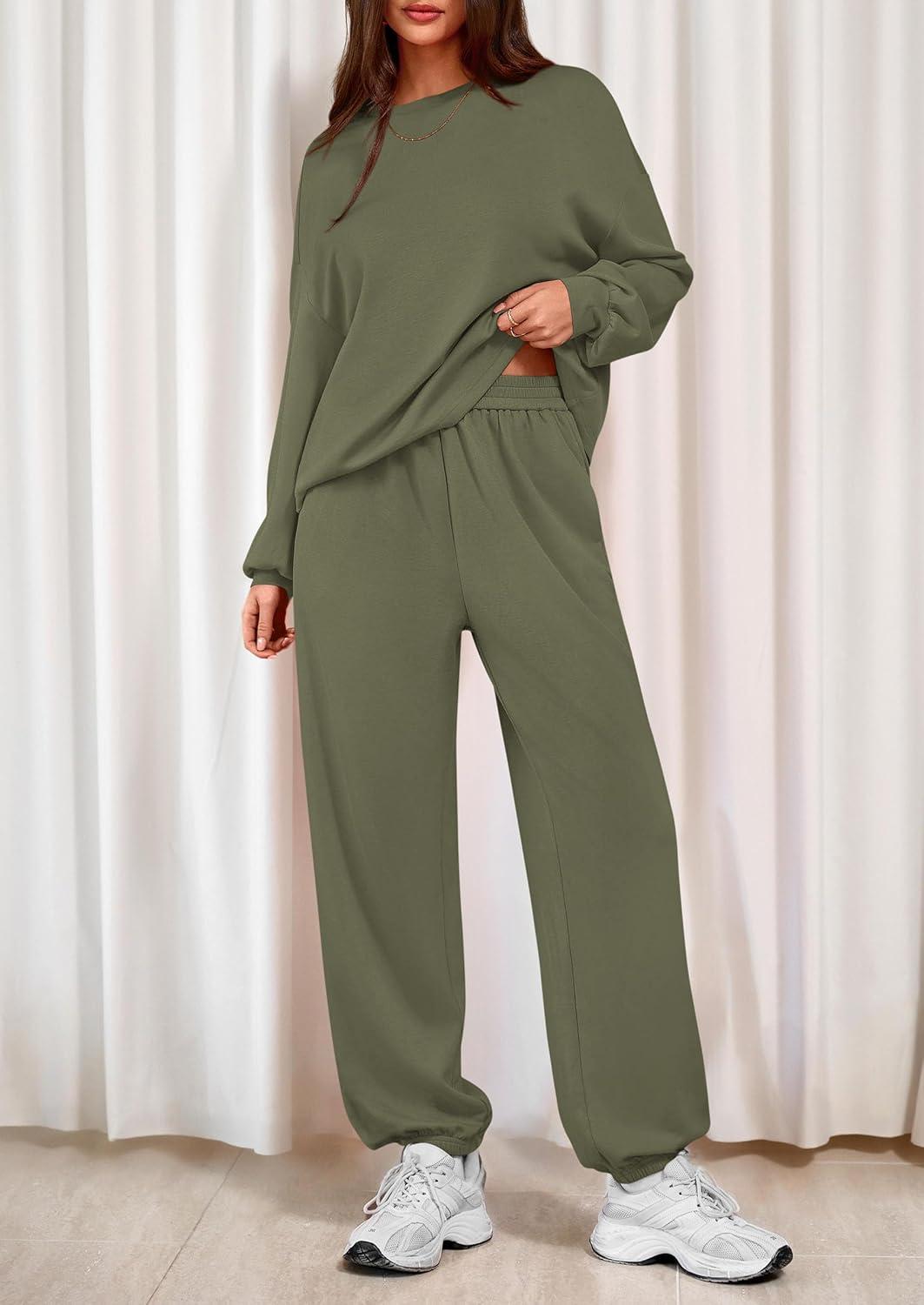 imagePRETTYGARDEN Womens Two Piece Lounge Sets 2025 Fall Airport Outfits Long Sleeve Pullover Tops Sweatpants Matching ClothingArmy Green