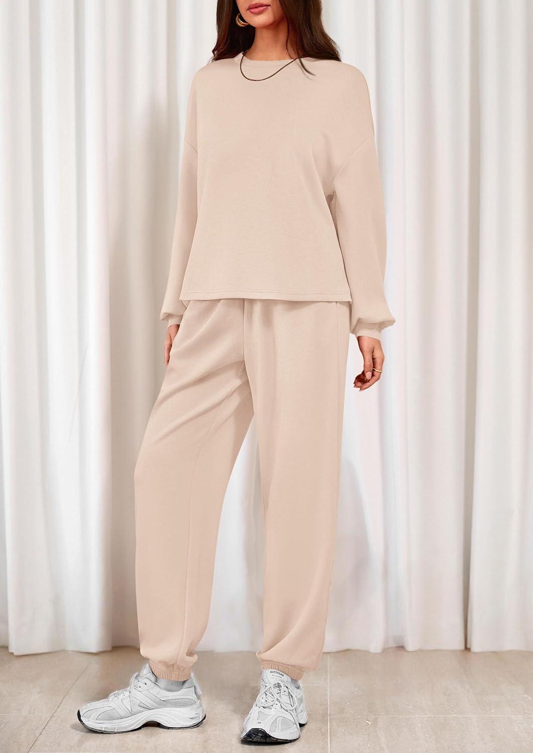 imagePRETTYGARDEN Womens Two Piece Lounge Sets 2025 Fall Airport Outfits Long Sleeve Pullover Tops Sweatpants Matching ClothingBeige