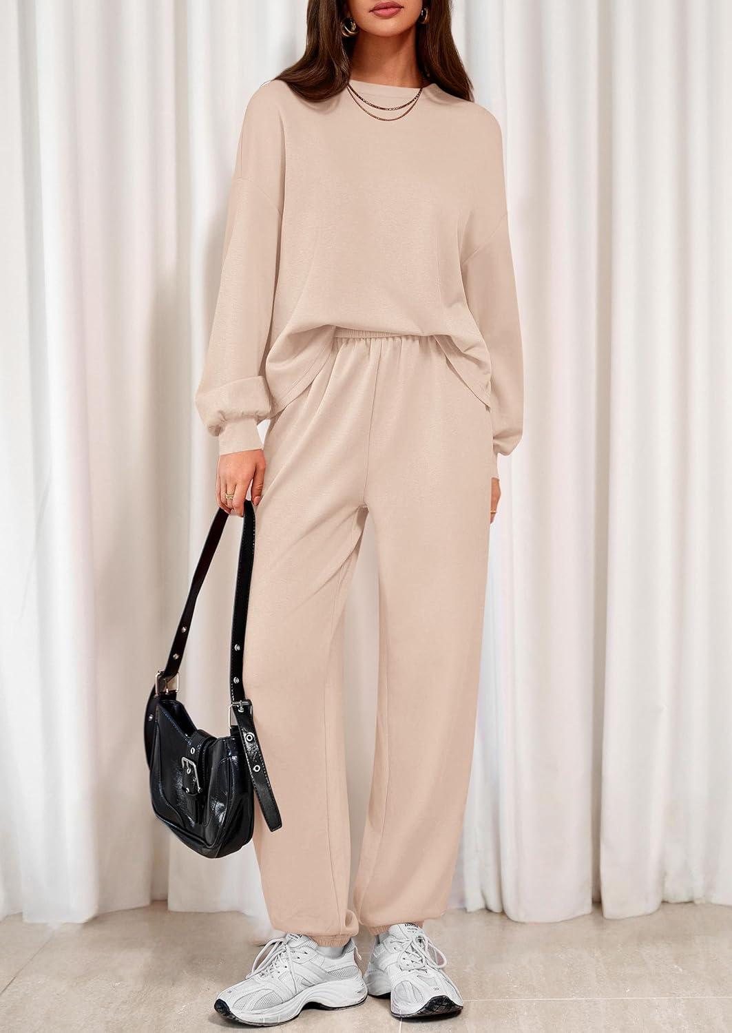 imagePRETTYGARDEN Womens Two Piece Lounge Sets 2025 Fall Airport Outfits Long Sleeve Pullover Tops Sweatpants Matching ClothingBeige