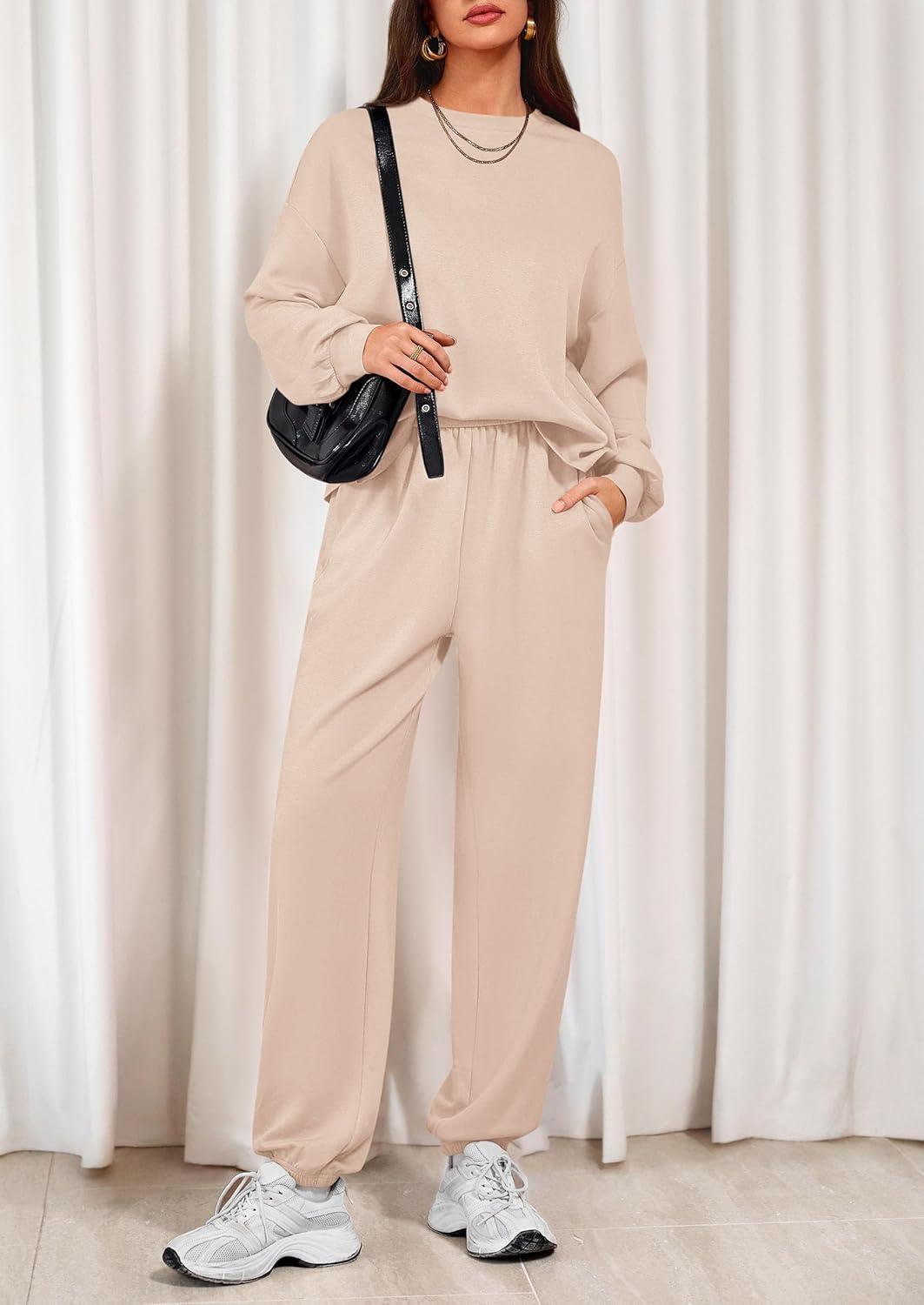 imagePRETTYGARDEN Womens Two Piece Lounge Sets 2025 Fall Airport Outfits Long Sleeve Pullover Tops Sweatpants Matching ClothingBeige
