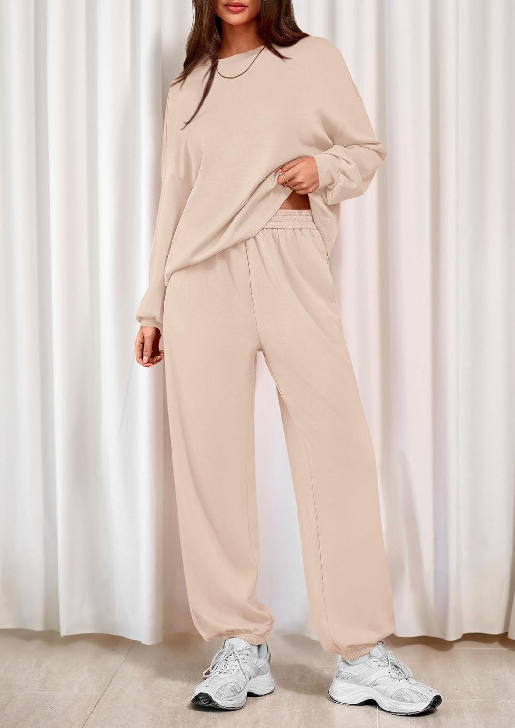 imagePRETTYGARDEN Womens Two Piece Lounge Sets 2025 Fall Airport Outfits Long Sleeve Pullover Tops Sweatpants Matching ClothingBeige