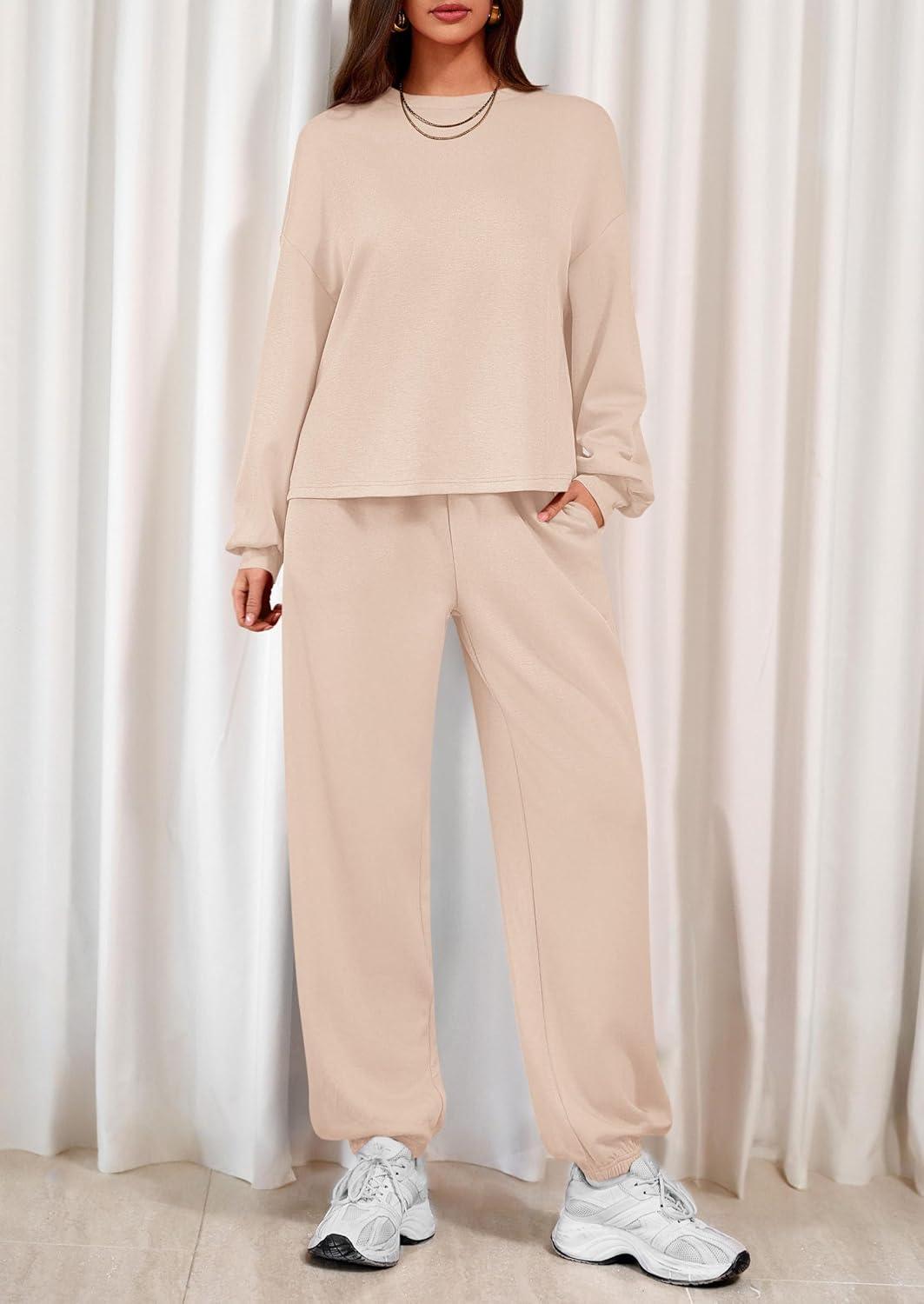 imagePRETTYGARDEN Womens Two Piece Lounge Sets 2025 Fall Airport Outfits Long Sleeve Pullover Tops Sweatpants Matching ClothingBeige