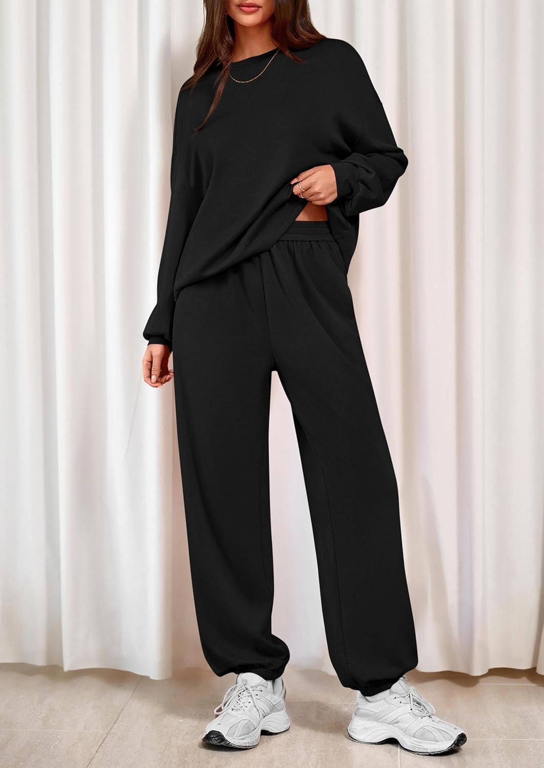 imagePRETTYGARDEN Womens Two Piece Lounge Sets 2025 Fall Airport Outfits Long Sleeve Pullover Tops Sweatpants Matching ClothingBlack