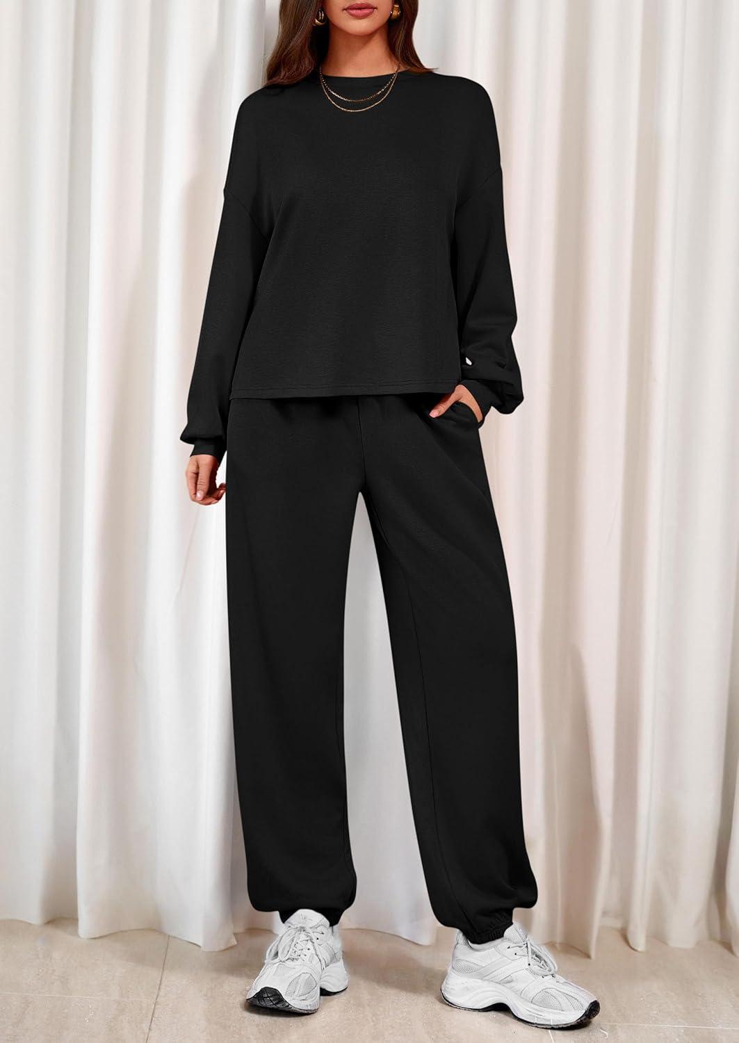 imagePRETTYGARDEN Womens Two Piece Lounge Sets 2025 Fall Airport Outfits Long Sleeve Pullover Tops Sweatpants Matching ClothingBlack