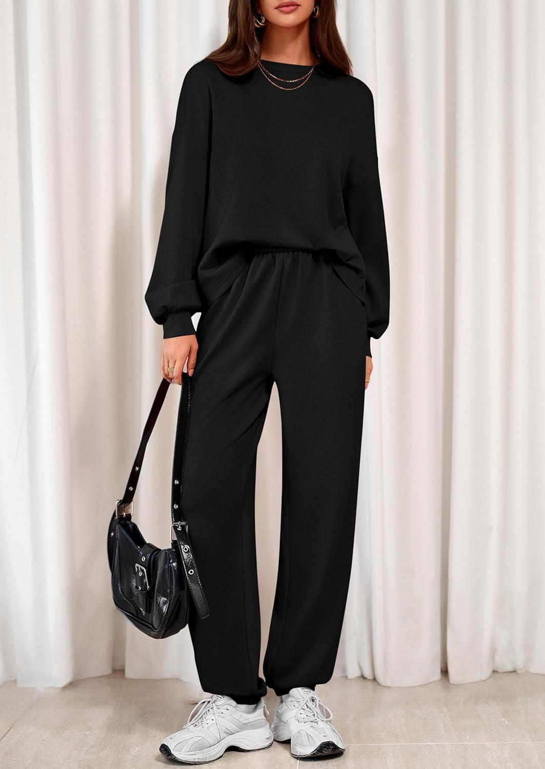 imagePRETTYGARDEN Womens Two Piece Lounge Sets 2025 Fall Airport Outfits Long Sleeve Pullover Tops Sweatpants Matching ClothingBlack