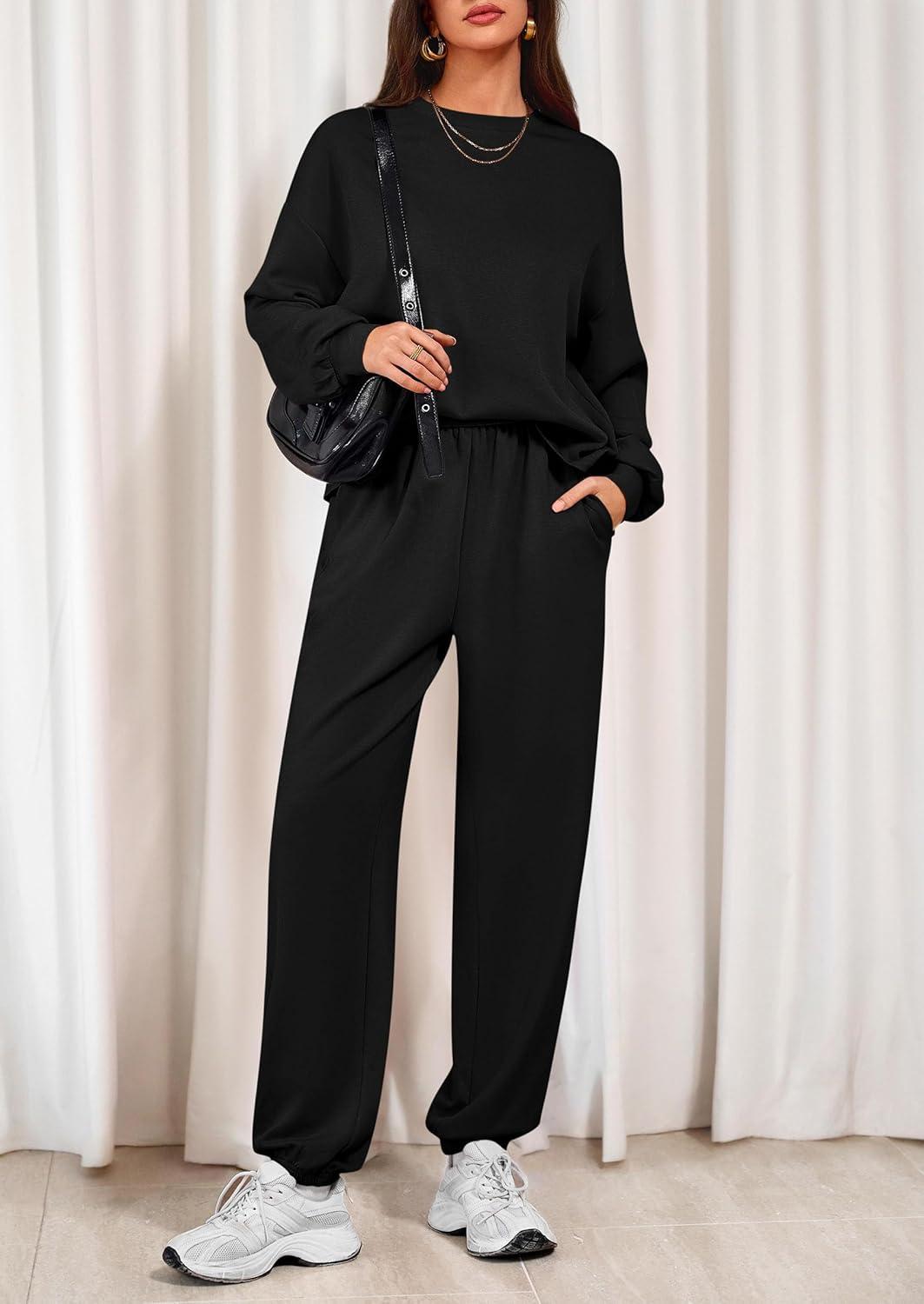 imagePRETTYGARDEN Womens Two Piece Lounge Sets 2025 Fall Airport Outfits Long Sleeve Pullover Tops Sweatpants Matching ClothingBlack