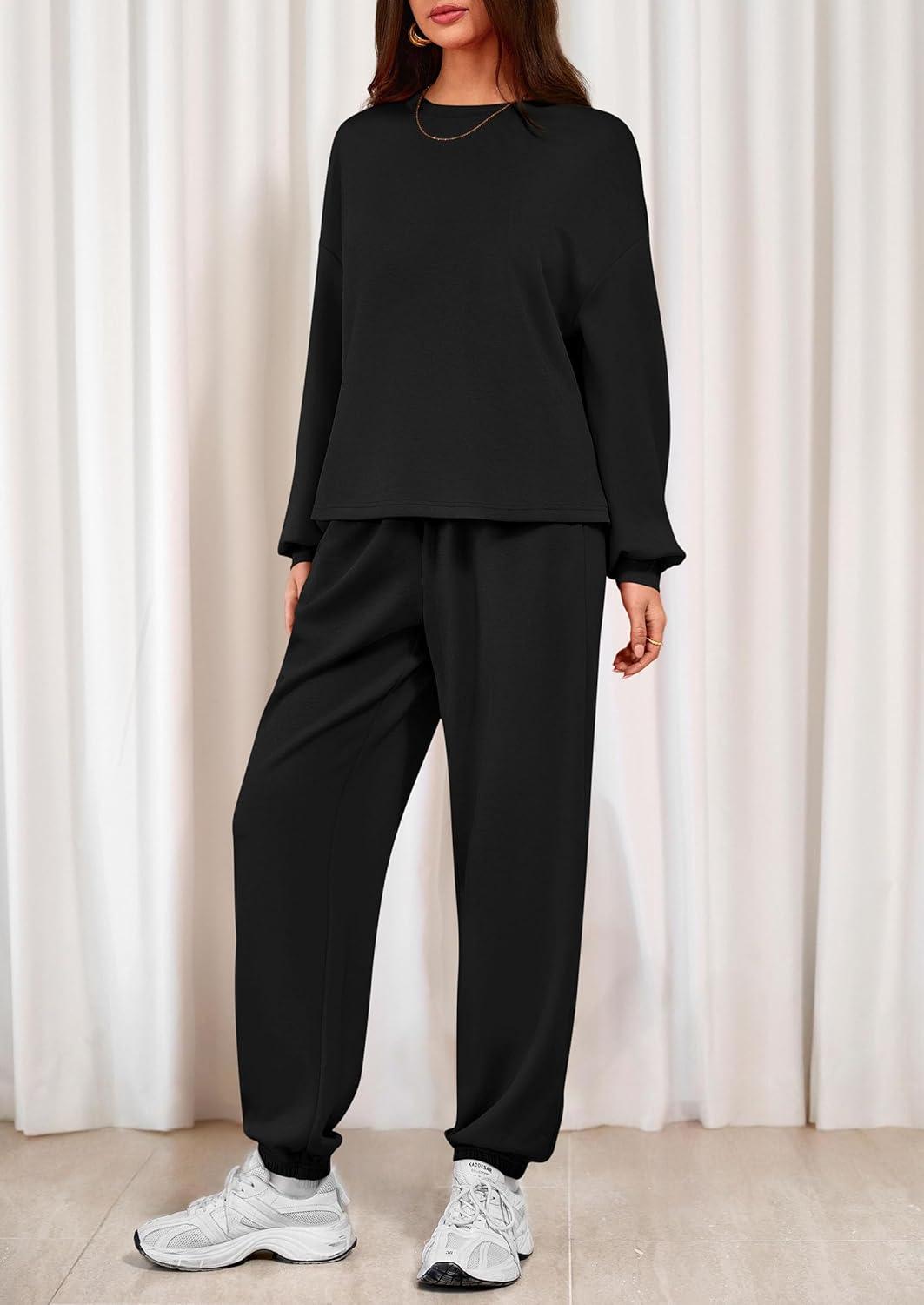 imagePRETTYGARDEN Womens Two Piece Lounge Sets 2025 Fall Airport Outfits Long Sleeve Pullover Tops Sweatpants Matching ClothingBlack