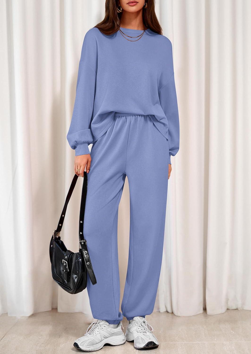 imagePRETTYGARDEN Womens Two Piece Lounge Sets 2025 Fall Airport Outfits Long Sleeve Pullover Tops Sweatpants Matching ClothingBlue
