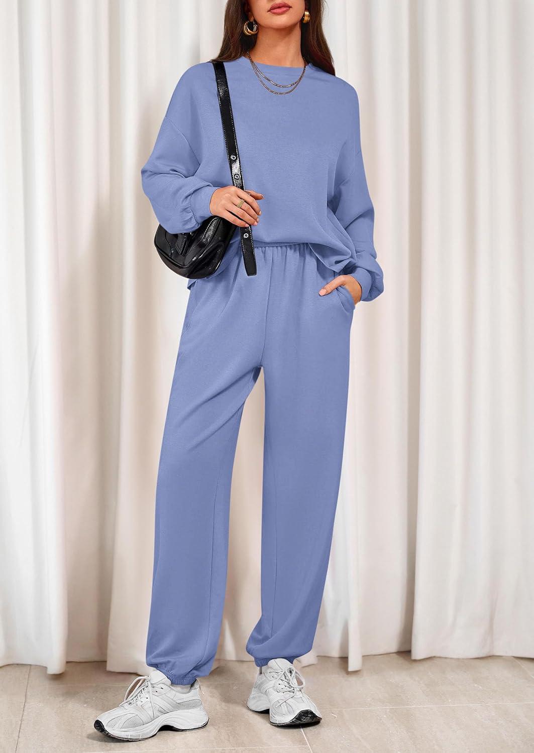 imagePRETTYGARDEN Womens Two Piece Lounge Sets 2025 Fall Airport Outfits Long Sleeve Pullover Tops Sweatpants Matching ClothingBlue