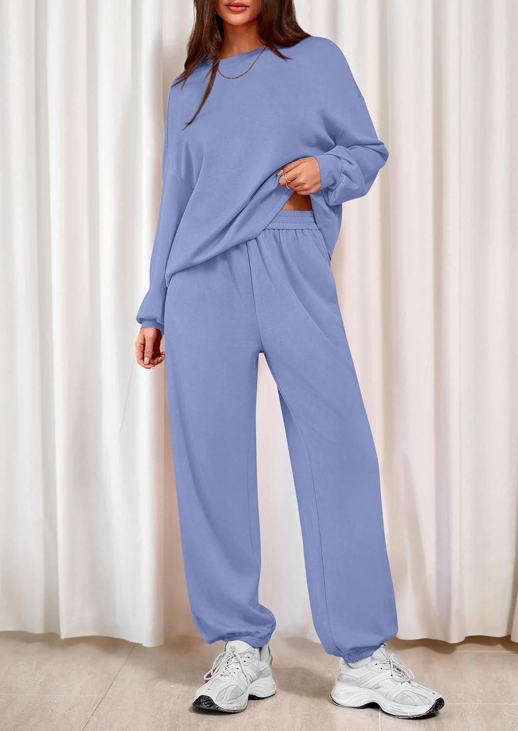 imagePRETTYGARDEN Womens Two Piece Lounge Sets 2025 Fall Airport Outfits Long Sleeve Pullover Tops Sweatpants Matching ClothingBlue