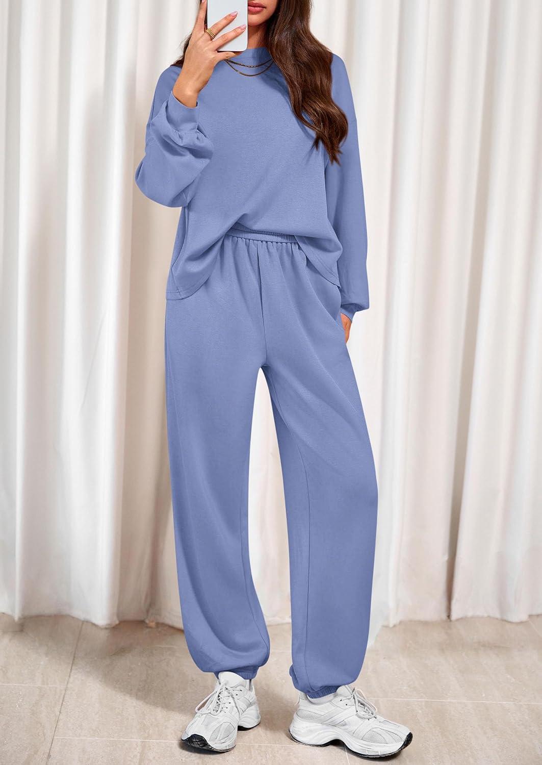 imagePRETTYGARDEN Womens Two Piece Lounge Sets 2025 Fall Airport Outfits Long Sleeve Pullover Tops Sweatpants Matching ClothingBlue