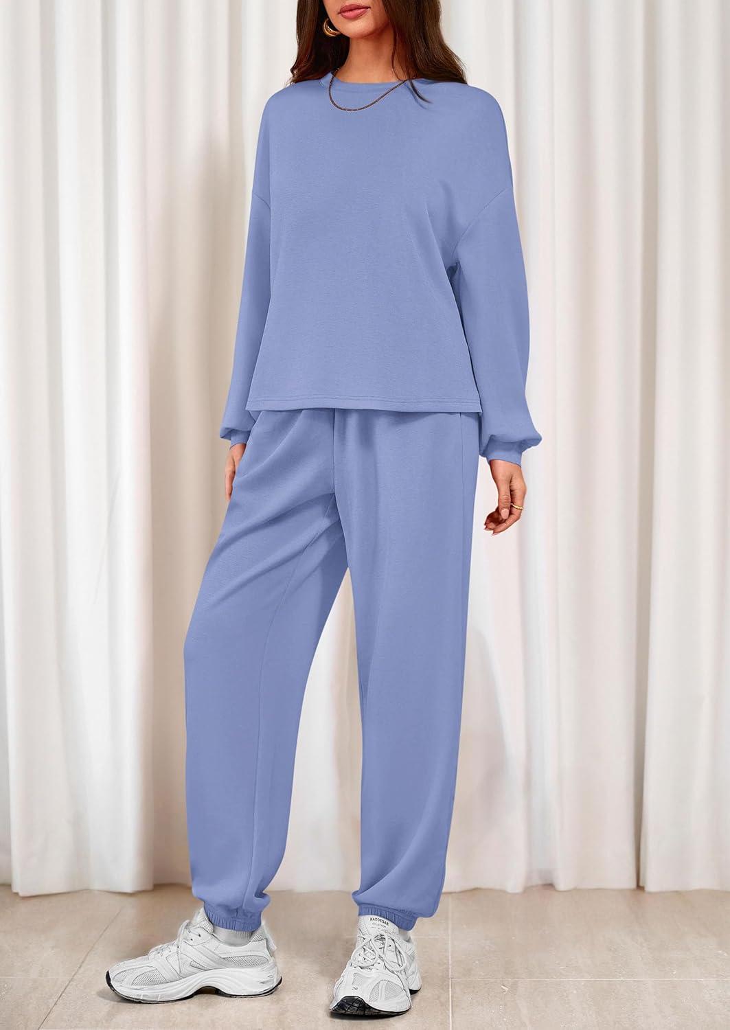 imagePRETTYGARDEN Womens Two Piece Lounge Sets 2025 Fall Airport Outfits Long Sleeve Pullover Tops Sweatpants Matching ClothingBlue