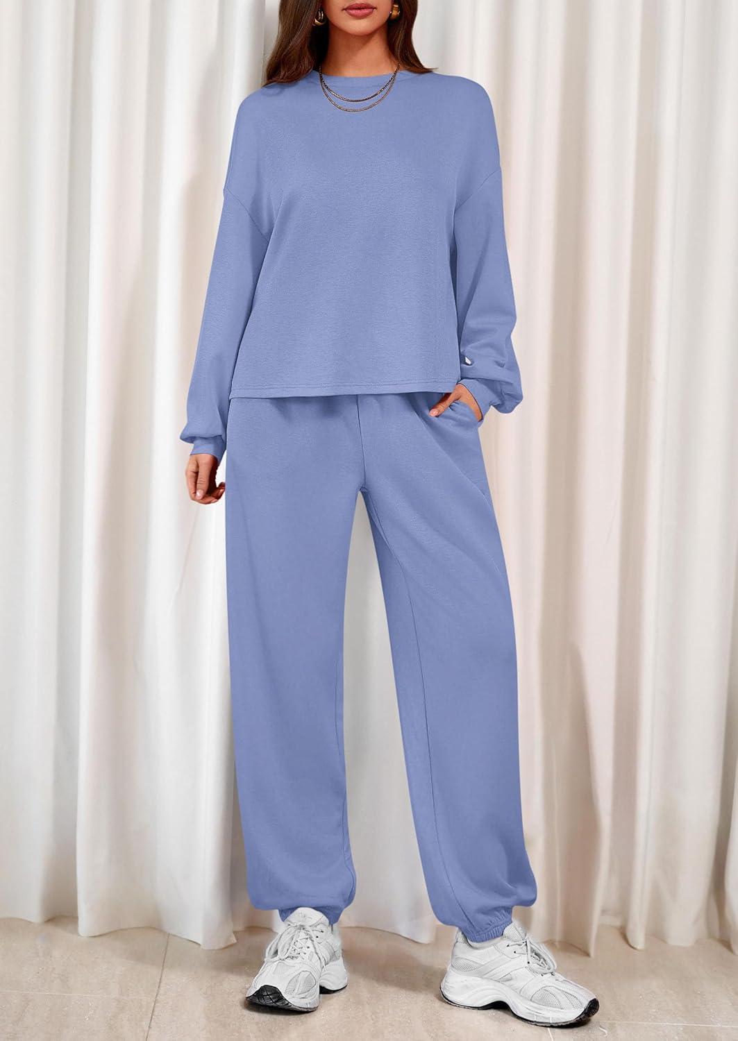 imagePRETTYGARDEN Womens Two Piece Lounge Sets 2025 Fall Airport Outfits Long Sleeve Pullover Tops Sweatpants Matching ClothingBlue