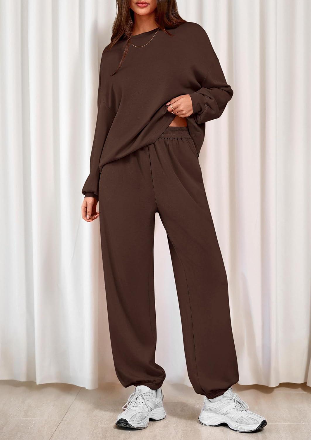 imagePRETTYGARDEN Womens Two Piece Lounge Sets 2025 Fall Airport Outfits Long Sleeve Pullover Tops Sweatpants Matching ClothingBrown