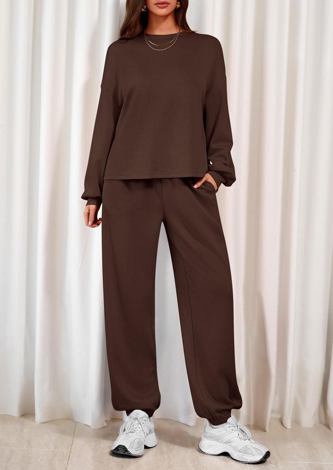 imagePRETTYGARDEN Womens Two Piece Lounge Sets 2025 Fall Airport Outfits Long Sleeve Pullover Tops Sweatpants Matching ClothingBrown