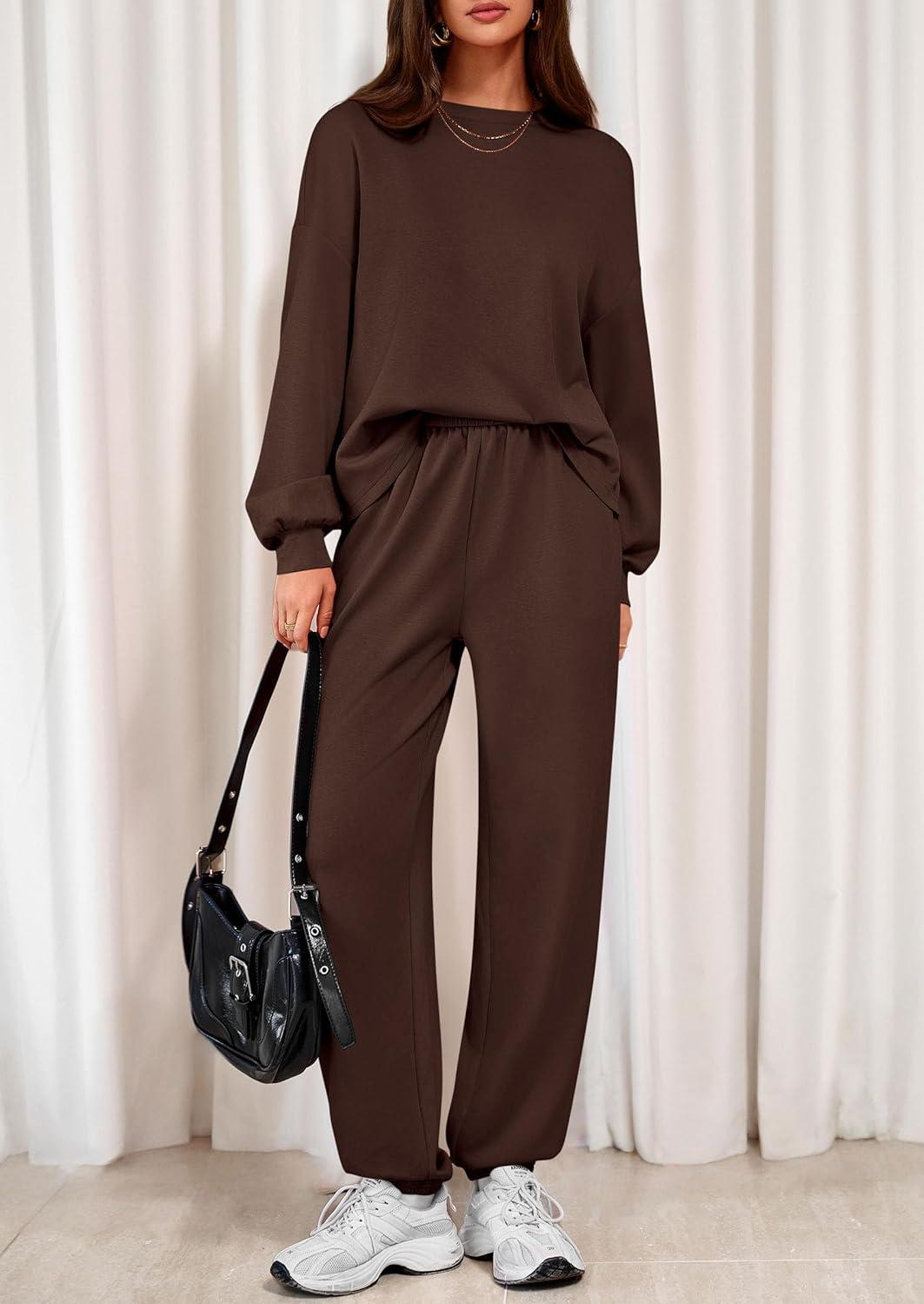 imagePRETTYGARDEN Womens Two Piece Lounge Sets 2025 Fall Airport Outfits Long Sleeve Pullover Tops Sweatpants Matching ClothingBrown