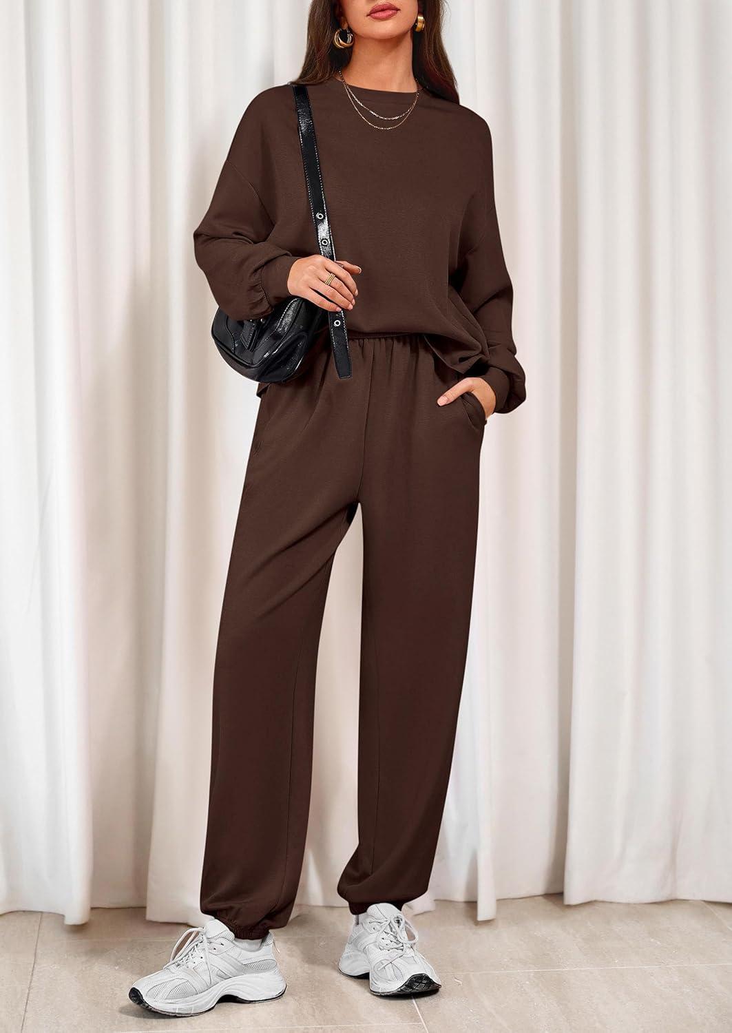 imagePRETTYGARDEN Womens Two Piece Lounge Sets 2025 Fall Airport Outfits Long Sleeve Pullover Tops Sweatpants Matching ClothingBrown