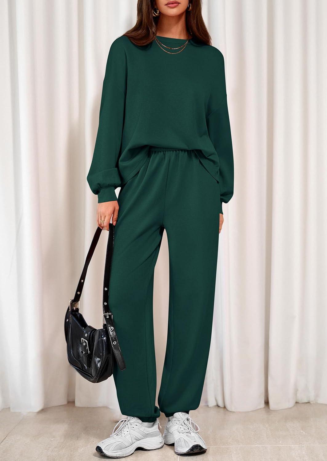 imagePRETTYGARDEN Womens Two Piece Lounge Sets 2025 Fall Airport Outfits Long Sleeve Pullover Tops Sweatpants Matching ClothingDark Green