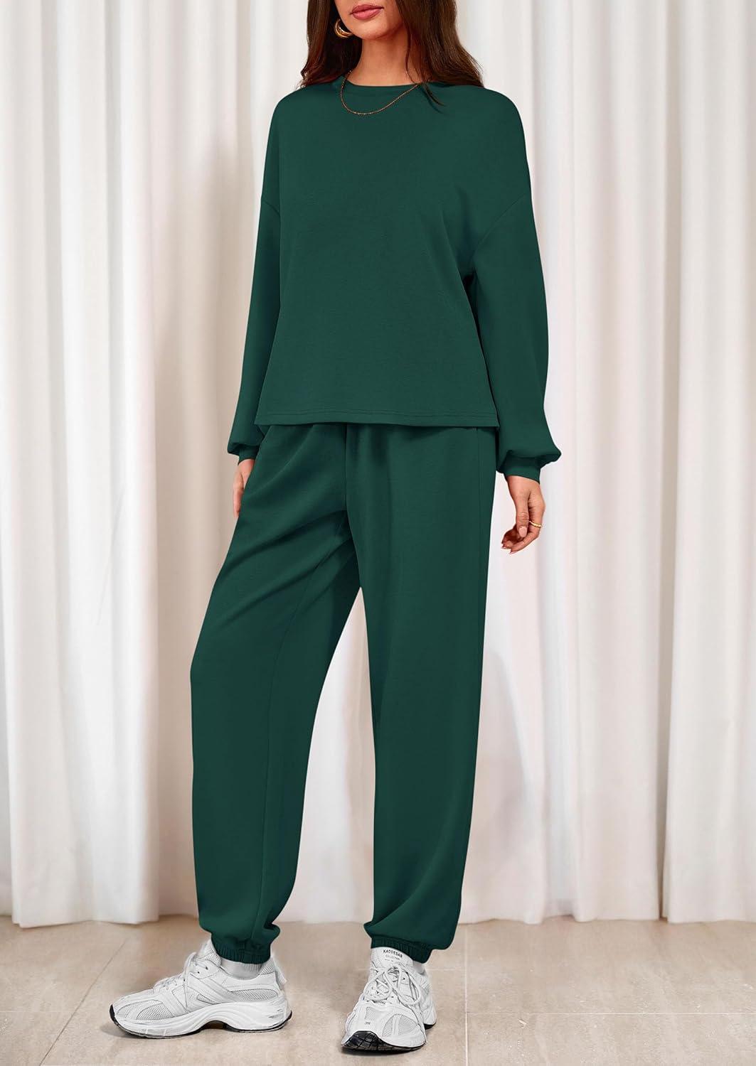 imagePRETTYGARDEN Womens Two Piece Lounge Sets 2025 Fall Airport Outfits Long Sleeve Pullover Tops Sweatpants Matching ClothingDark Green