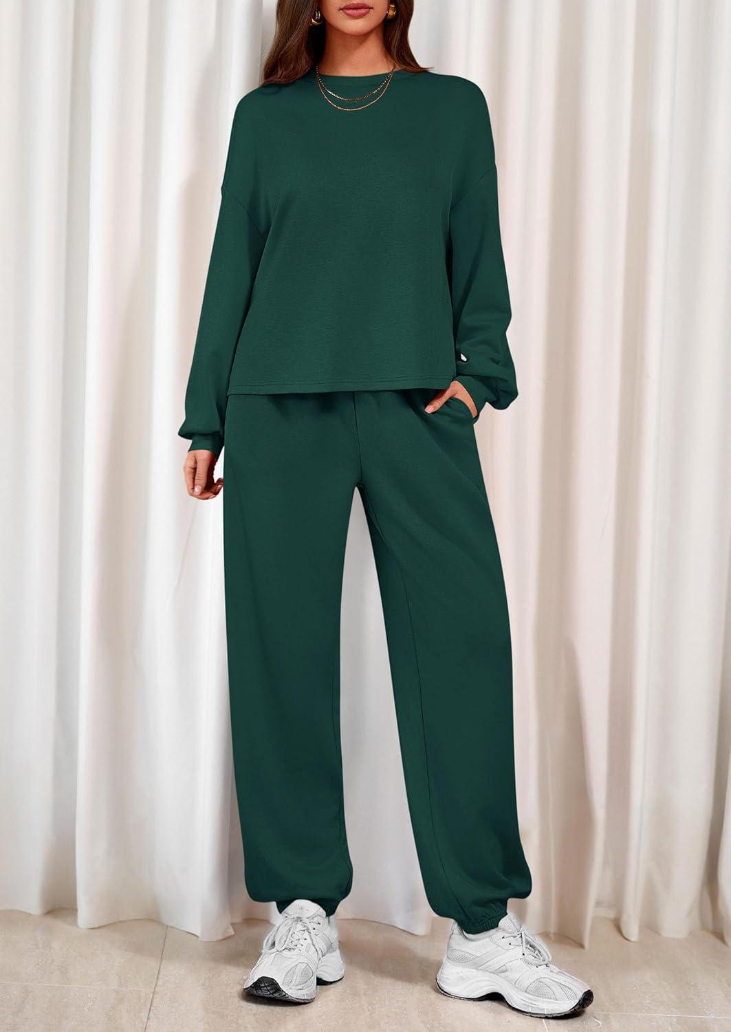 imagePRETTYGARDEN Womens Two Piece Lounge Sets 2025 Fall Airport Outfits Long Sleeve Pullover Tops Sweatpants Matching ClothingDark Green