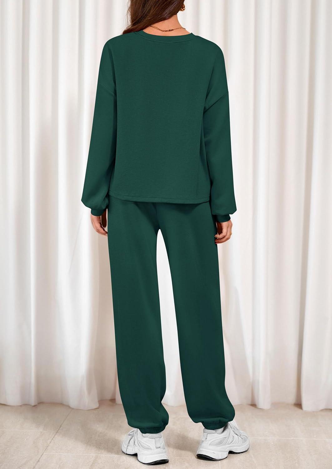 imagePRETTYGARDEN Womens Two Piece Lounge Sets 2025 Fall Airport Outfits Long Sleeve Pullover Tops Sweatpants Matching ClothingDark Green