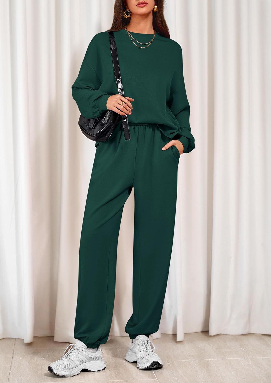 imagePRETTYGARDEN Womens Two Piece Lounge Sets 2025 Fall Airport Outfits Long Sleeve Pullover Tops Sweatpants Matching ClothingDark Green