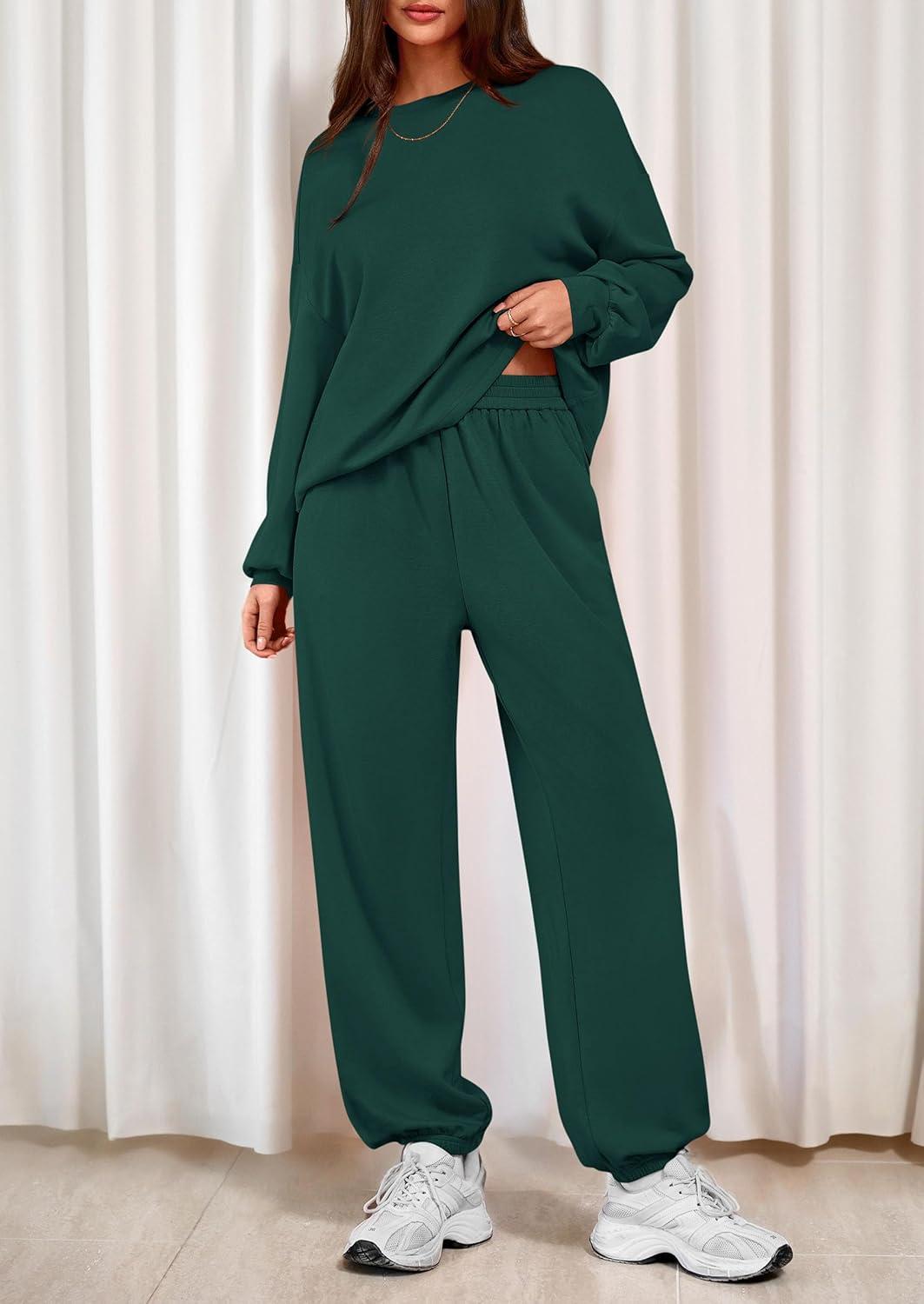 imagePRETTYGARDEN Womens Two Piece Lounge Sets 2025 Fall Airport Outfits Long Sleeve Pullover Tops Sweatpants Matching ClothingDark Green