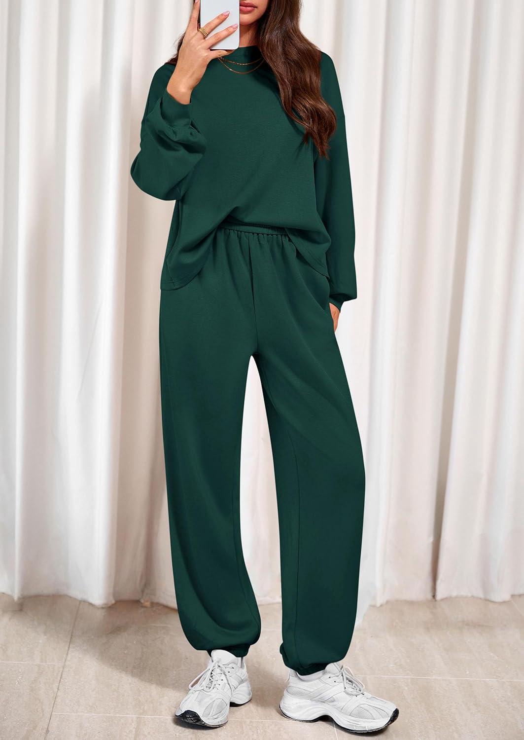 imagePRETTYGARDEN Womens Two Piece Lounge Sets 2025 Fall Airport Outfits Long Sleeve Pullover Tops Sweatpants Matching ClothingDark Green