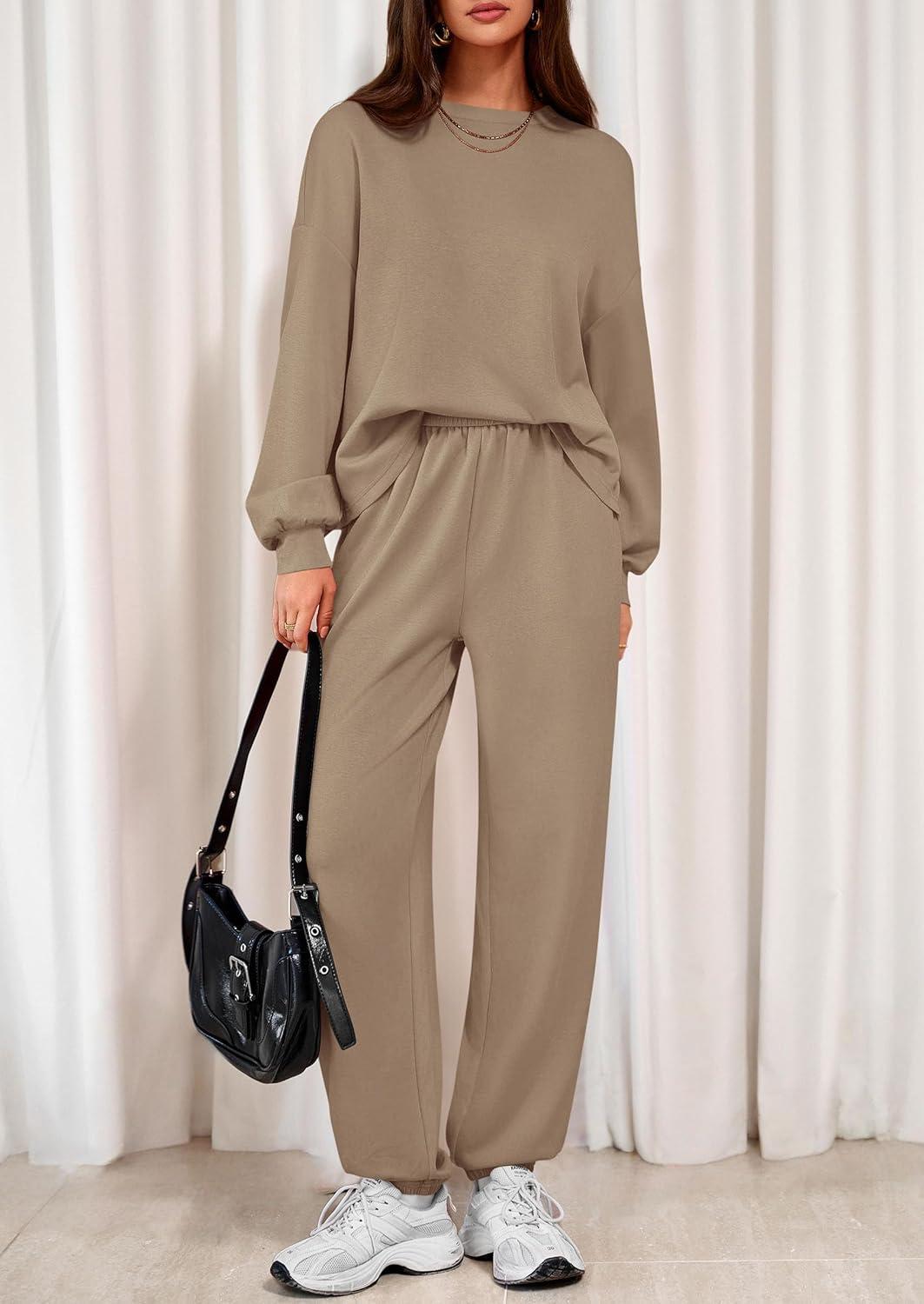 imagePRETTYGARDEN Womens Two Piece Lounge Sets 2025 Fall Airport Outfits Long Sleeve Pullover Tops Sweatpants Matching ClothingKhaki