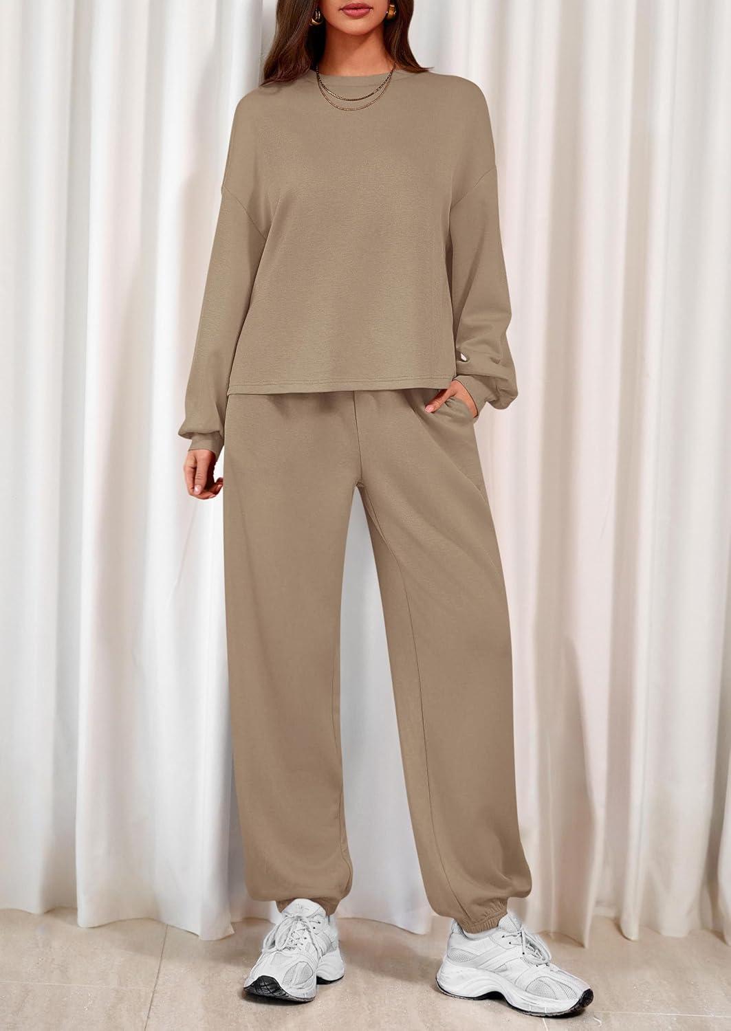 imagePRETTYGARDEN Womens Two Piece Lounge Sets 2025 Fall Airport Outfits Long Sleeve Pullover Tops Sweatpants Matching ClothingKhaki