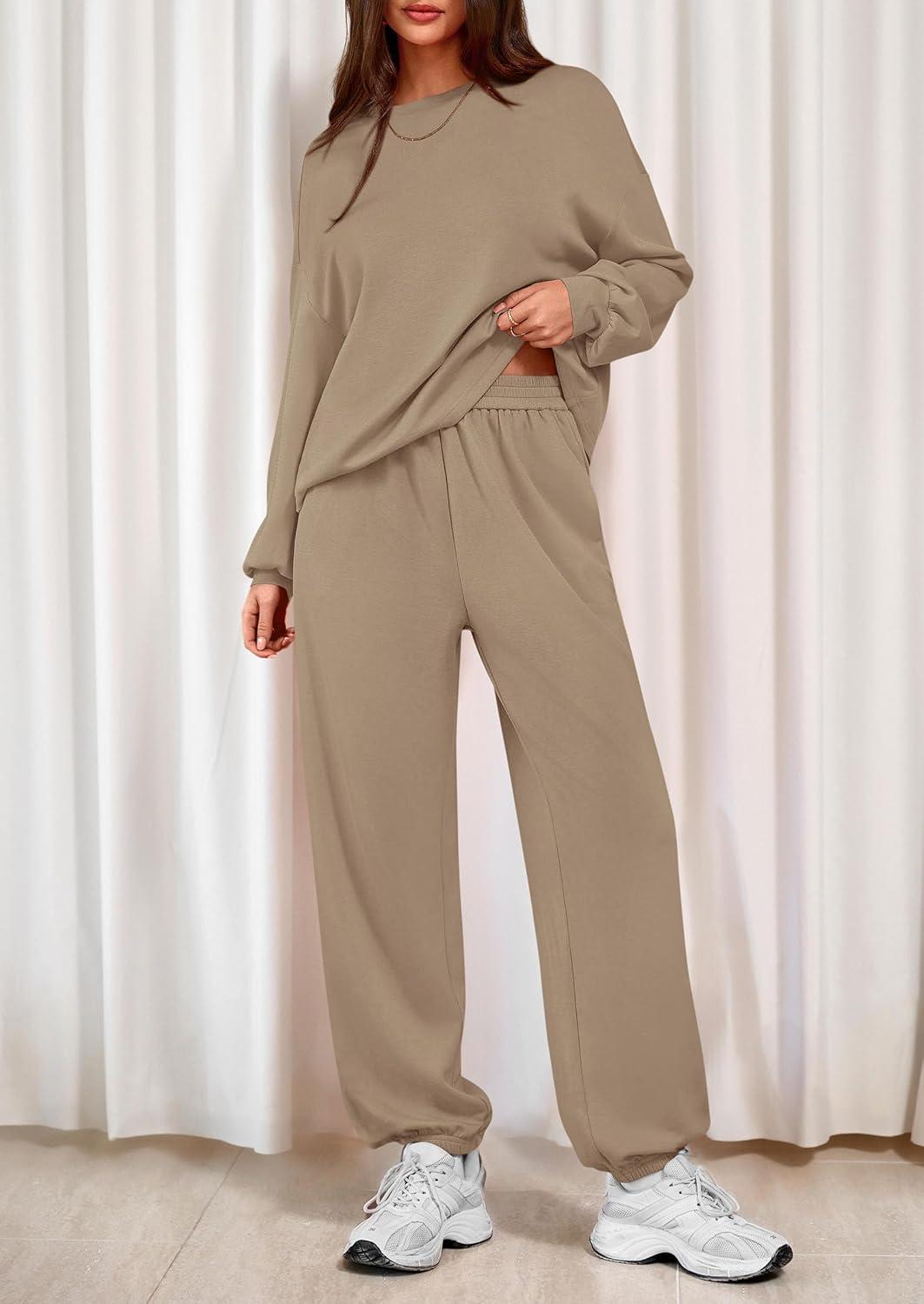imagePRETTYGARDEN Womens Two Piece Lounge Sets 2025 Fall Airport Outfits Long Sleeve Pullover Tops Sweatpants Matching ClothingKhaki