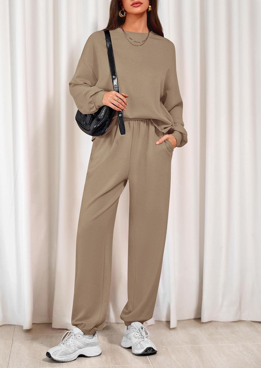 imagePRETTYGARDEN Womens Two Piece Lounge Sets 2025 Fall Airport Outfits Long Sleeve Pullover Tops Sweatpants Matching ClothingKhaki