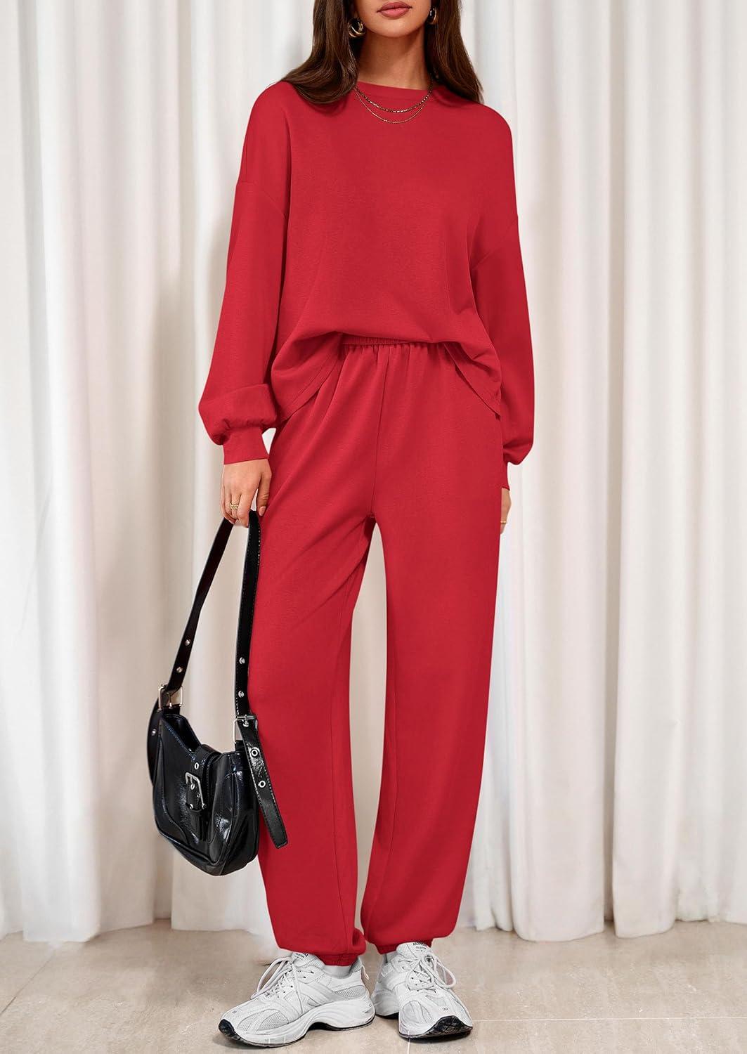 imagePRETTYGARDEN Womens Two Piece Lounge Sets 2025 Fall Airport Outfits Long Sleeve Pullover Tops Sweatpants Matching ClothingRed