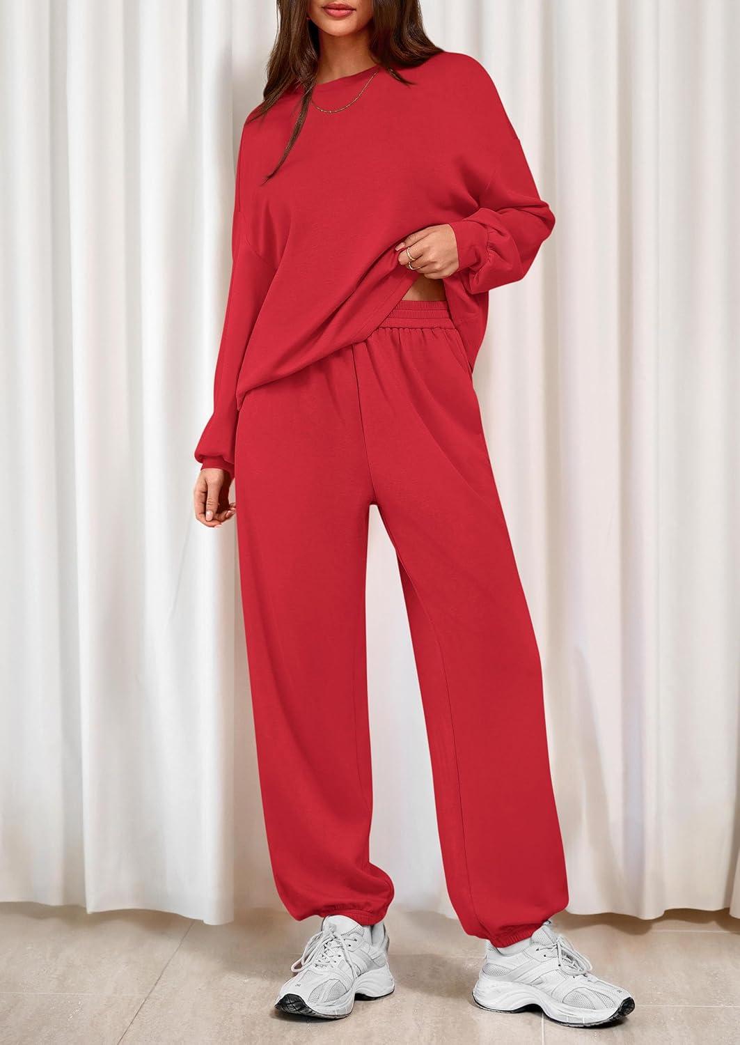 imagePRETTYGARDEN Womens Two Piece Lounge Sets 2025 Fall Airport Outfits Long Sleeve Pullover Tops Sweatpants Matching ClothingRed