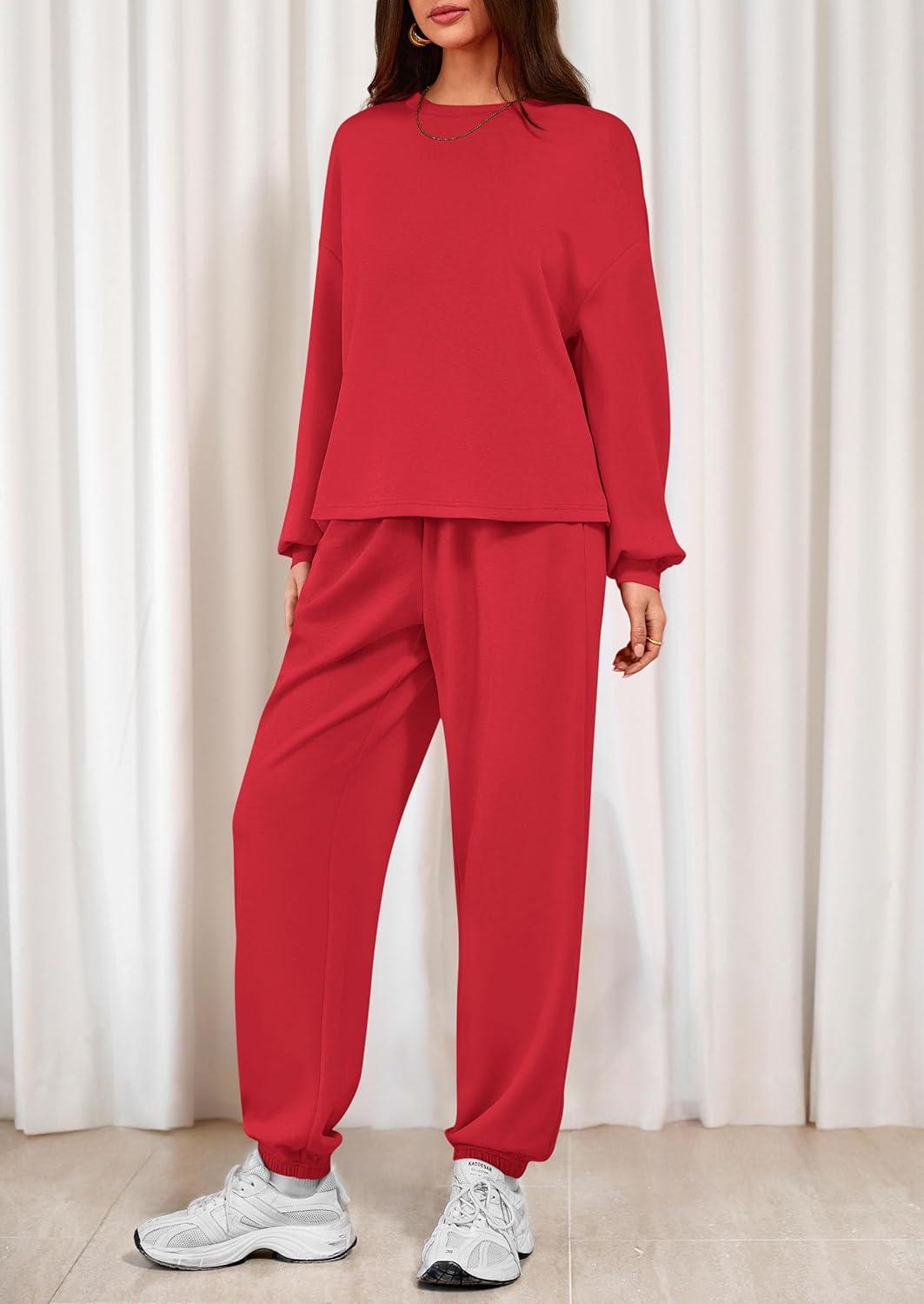 imagePRETTYGARDEN Womens Two Piece Lounge Sets 2025 Fall Airport Outfits Long Sleeve Pullover Tops Sweatpants Matching ClothingRed