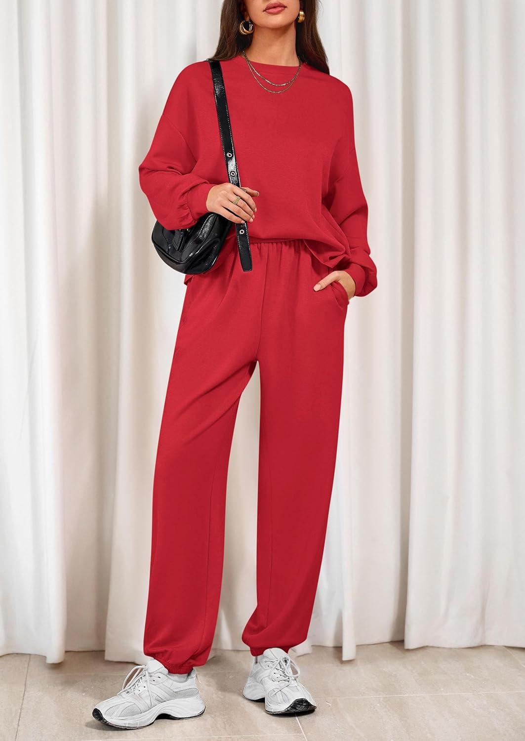 imagePRETTYGARDEN Womens Two Piece Lounge Sets 2025 Fall Airport Outfits Long Sleeve Pullover Tops Sweatpants Matching ClothingRed