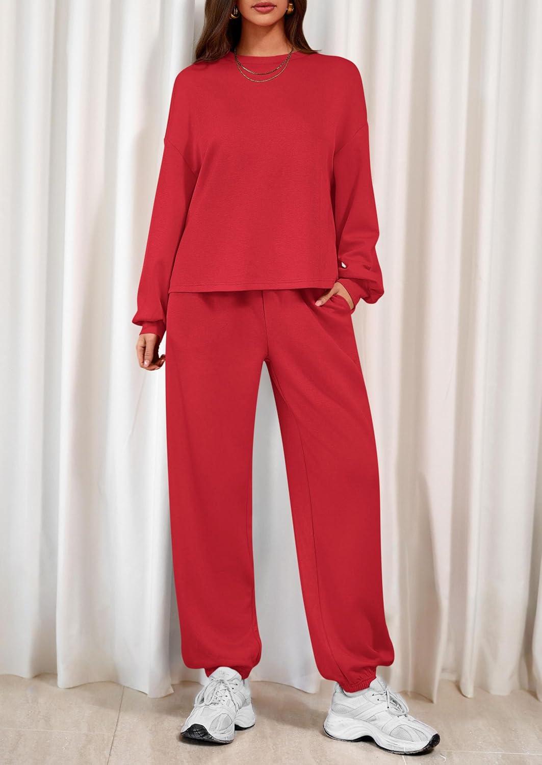 imagePRETTYGARDEN Womens Two Piece Lounge Sets 2025 Fall Airport Outfits Long Sleeve Pullover Tops Sweatpants Matching ClothingRed