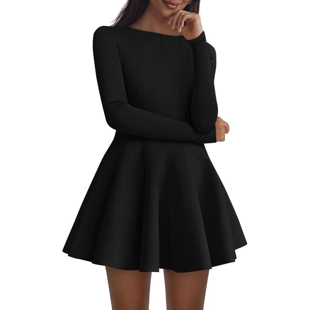 imagePRETTYGARDEN Fall Cocktail Dresses for Women Elegant Classy Wedding Guest 2026 Long Sleeve Homecoming Party A Line Mini DressBlack
