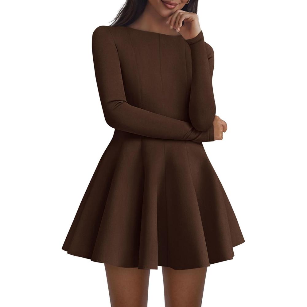 imagePRETTYGARDEN Fall Cocktail Dresses for Women Elegant Classy Wedding Guest 2026 Long Sleeve Homecoming Party A Line Mini DressBrown