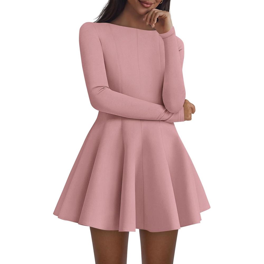 imagePRETTYGARDEN Fall Cocktail Dresses for Women Elegant Classy Wedding Guest 2026 Long Sleeve Homecoming Party A Line Mini DressPink