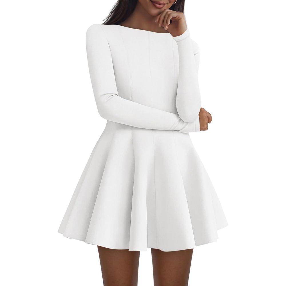 imagePRETTYGARDEN Fall Cocktail Dresses for Women Elegant Classy Wedding Guest 2026 Long Sleeve Homecoming Party A Line Mini DressWhite