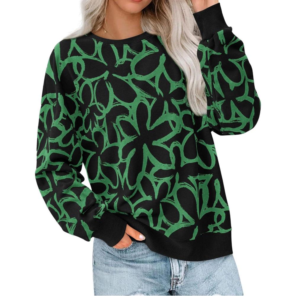 imagePRETTYGARDEN Graphic Sweatshirts for Women Crewneck Floral Print Long Sleeve Pullover Y2K Tops 2026 Fall Casual Cute ClothesBlack Green Flower