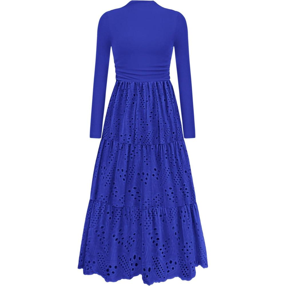 imagePRETTYGARDEN Long Sleeve Maxi Dress for Women 2026 Fall Eyelet A Line Elegant Classy Flowy Mock Neck Spring Vacation DressesRoyal Blue