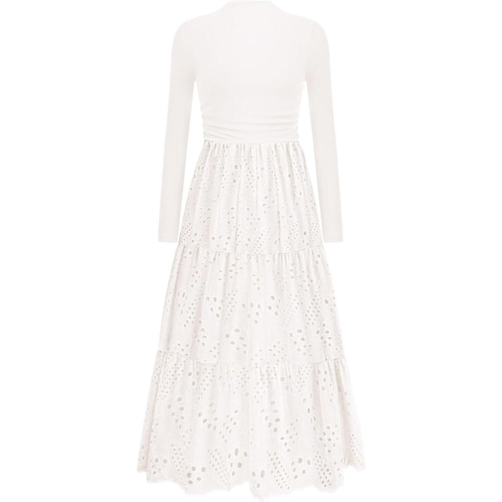 imagePRETTYGARDEN Long Sleeve Maxi Dress for Women 2026 Fall Eyelet A Line Elegant Classy Flowy Mock Neck Spring Vacation DressesWhite