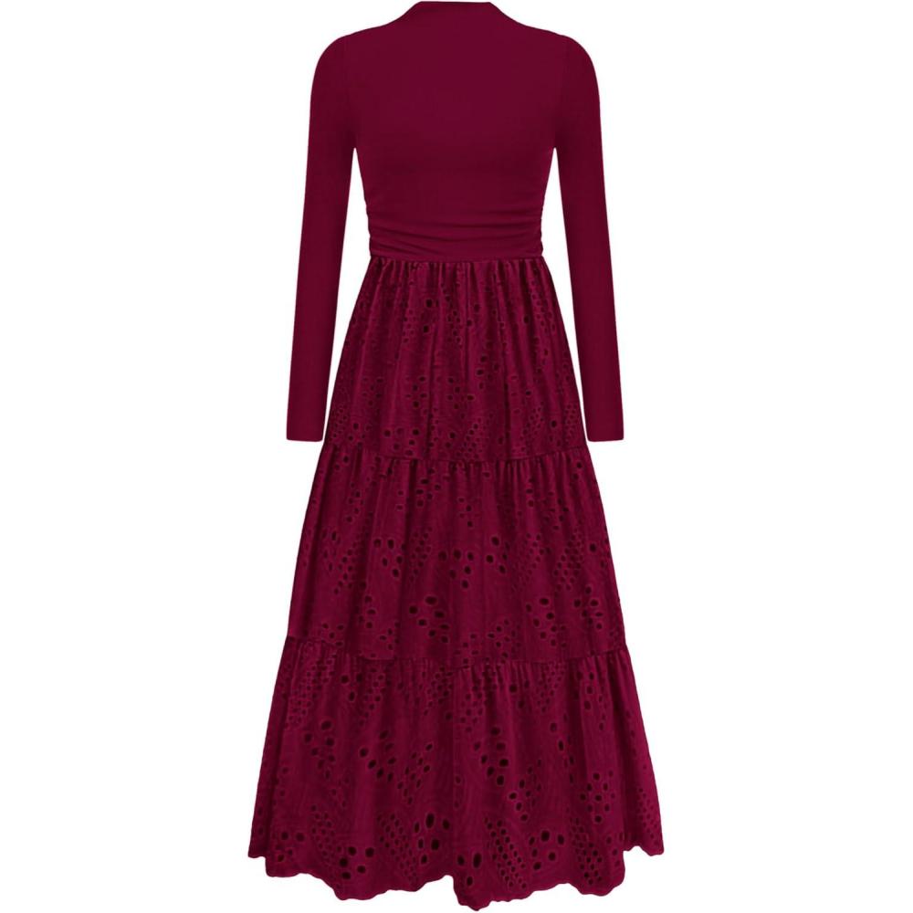 imagePRETTYGARDEN Long Sleeve Maxi Dress for Women 2026 Fall Eyelet A Line Elegant Classy Flowy Mock Neck Spring Vacation DressesWine Red
