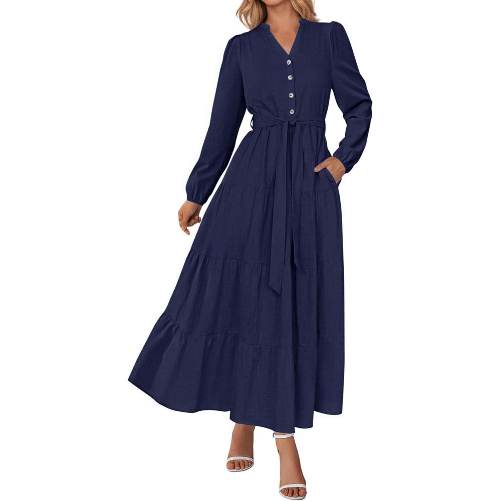 imagePRETTYGARDEN Maxi Dresses for Women Spring Long Sleeve V Neck Belted A Line Flowy Boho Wedding Guest Dress PocketsNavy Blue